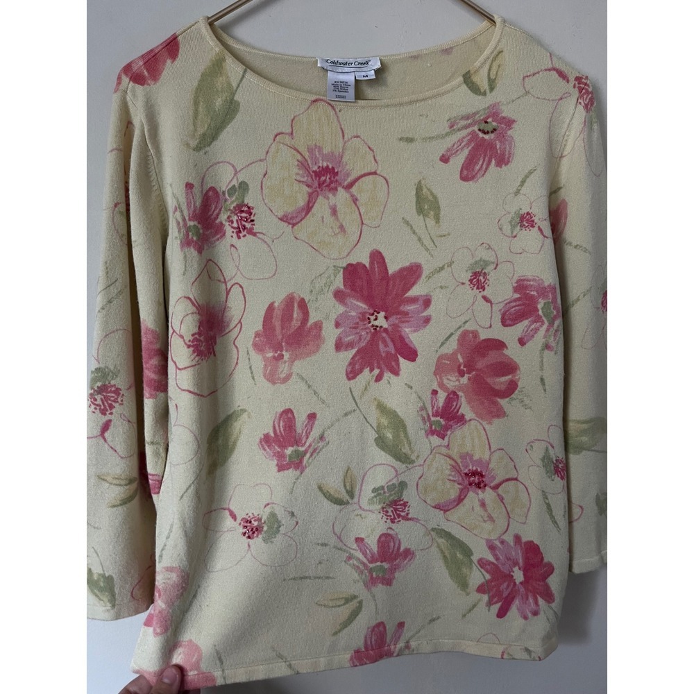 Coldwater Creek Floral Knit Sweater Top Yellow Pink 3/4 Sleeve Cottagecore M - Picture 4 of 6